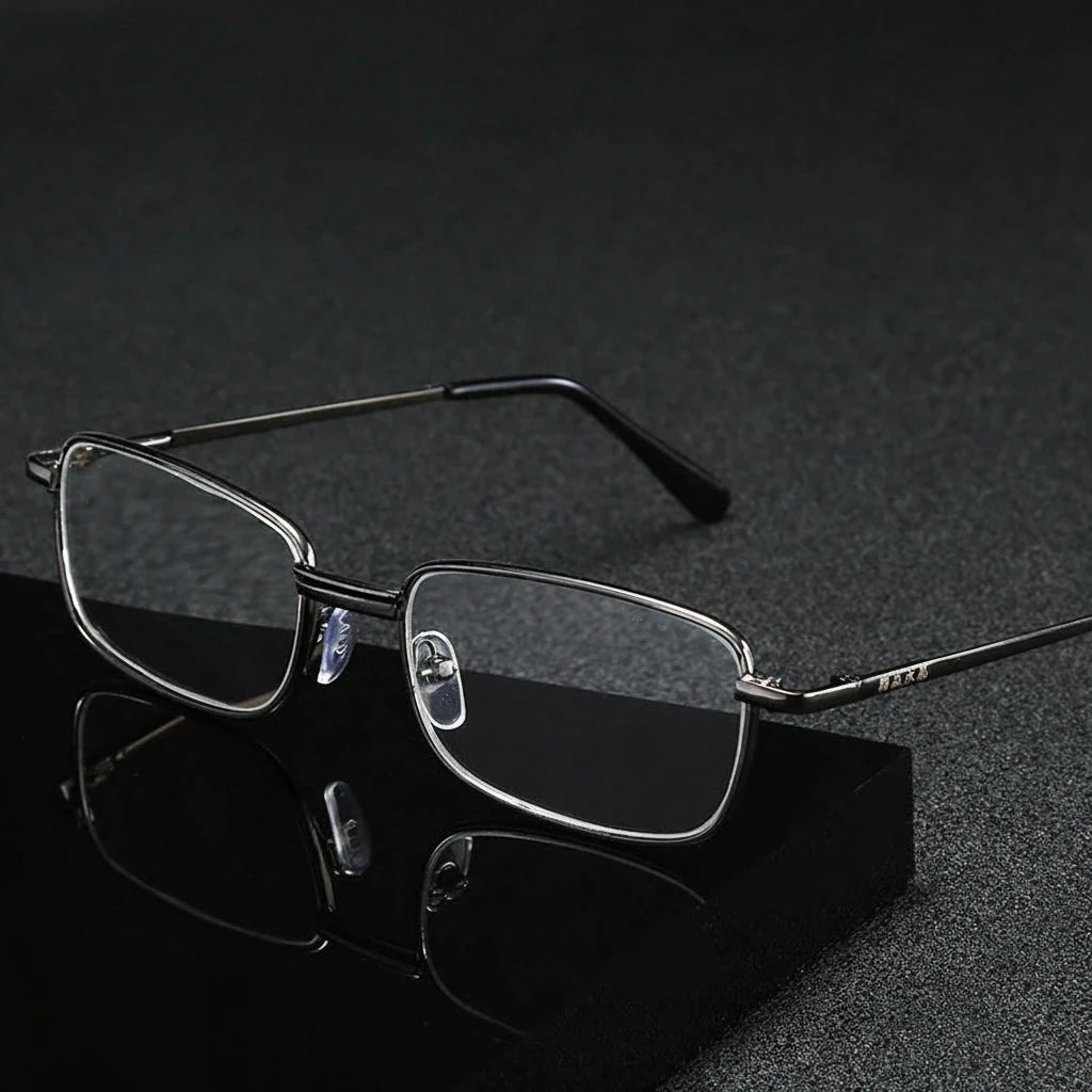 Reading glasses displayed on reflective black surface
