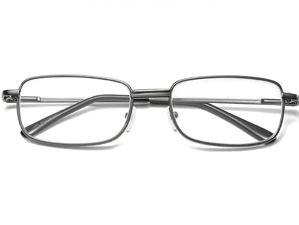 Close-up front view of gunmetal crystal lens reading glasses