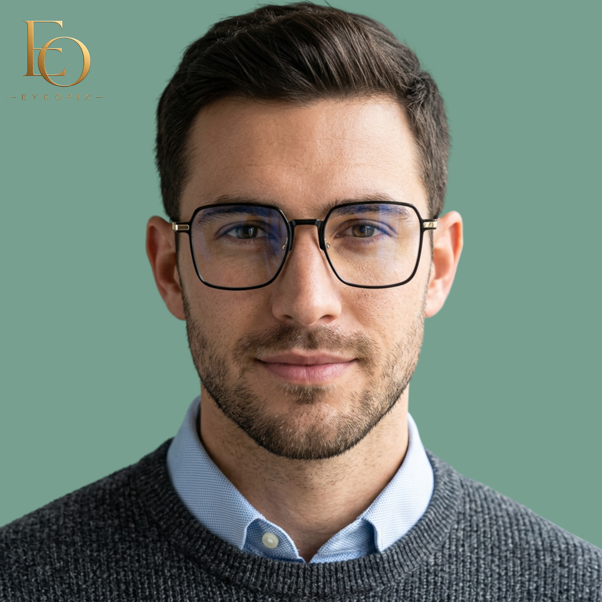 Man wearing Eyepix photochromic blue light blocking glasses with square frames