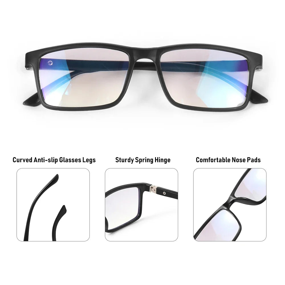 Front view and close-up features of black progressive reading glasses
