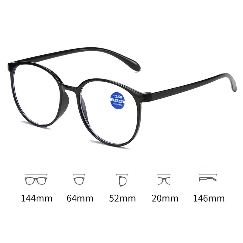 Black frame reading glasses with size dimensions
