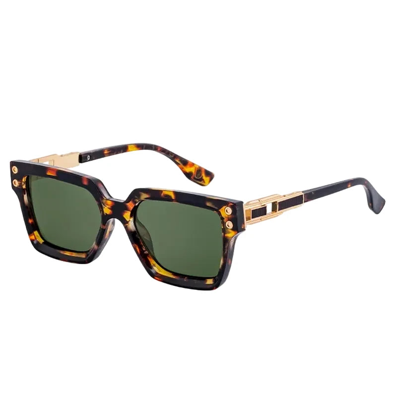 Tortoise shell square sunglasses with green lenses and gold accents