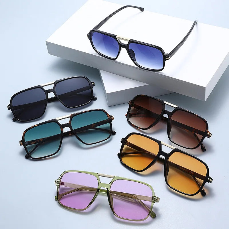New Fashion Double Bridges Sunglasses Women Square Rivets Orange Gradient Shades UV400 Men Sun Glasses