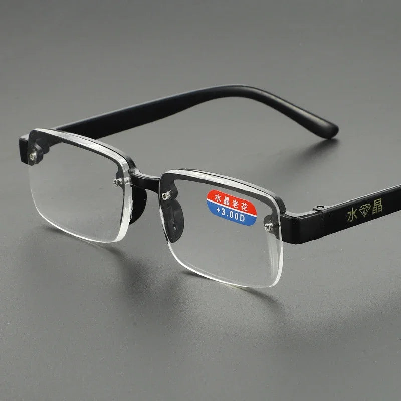 Black half-frame reading glasses with clear lenses and +3.00D label