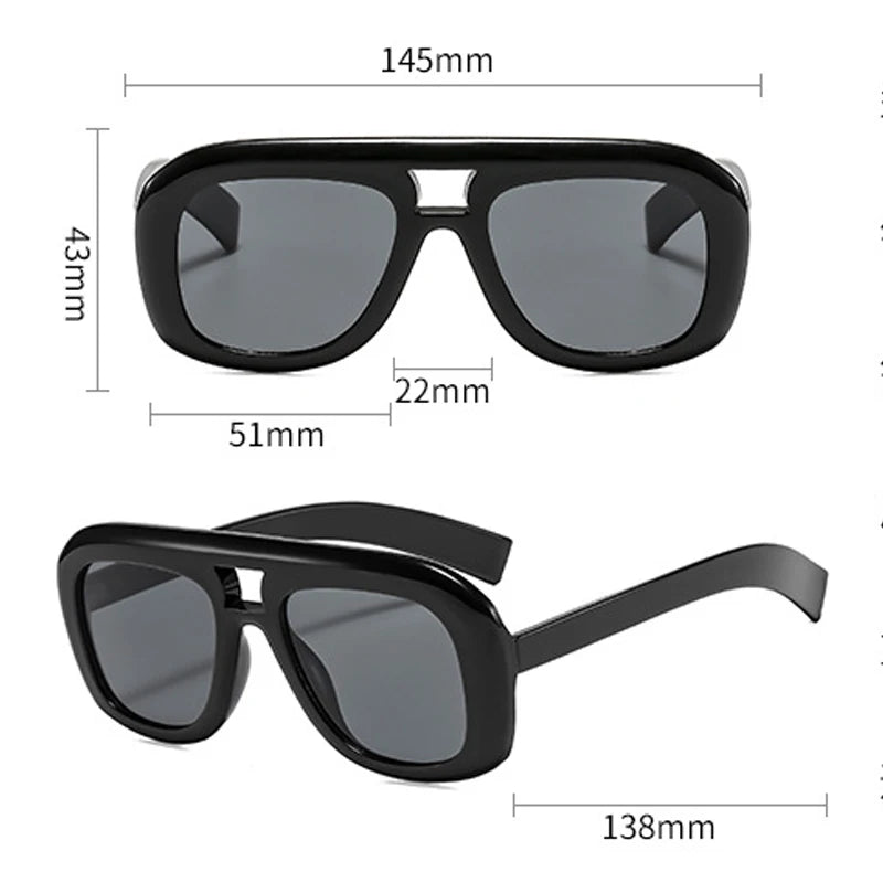 Black/grey sunglasses showing product dimensions and sizing