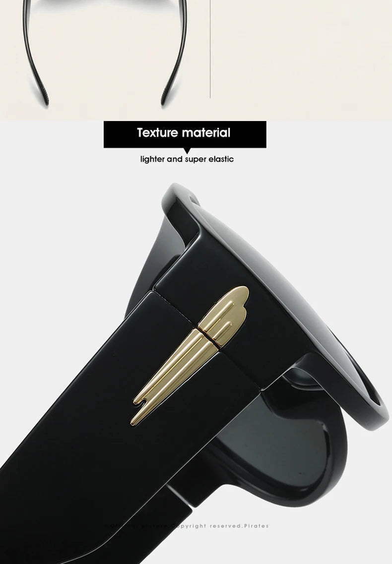 Close-up of gold-tone wing motif on black frame sunglasses