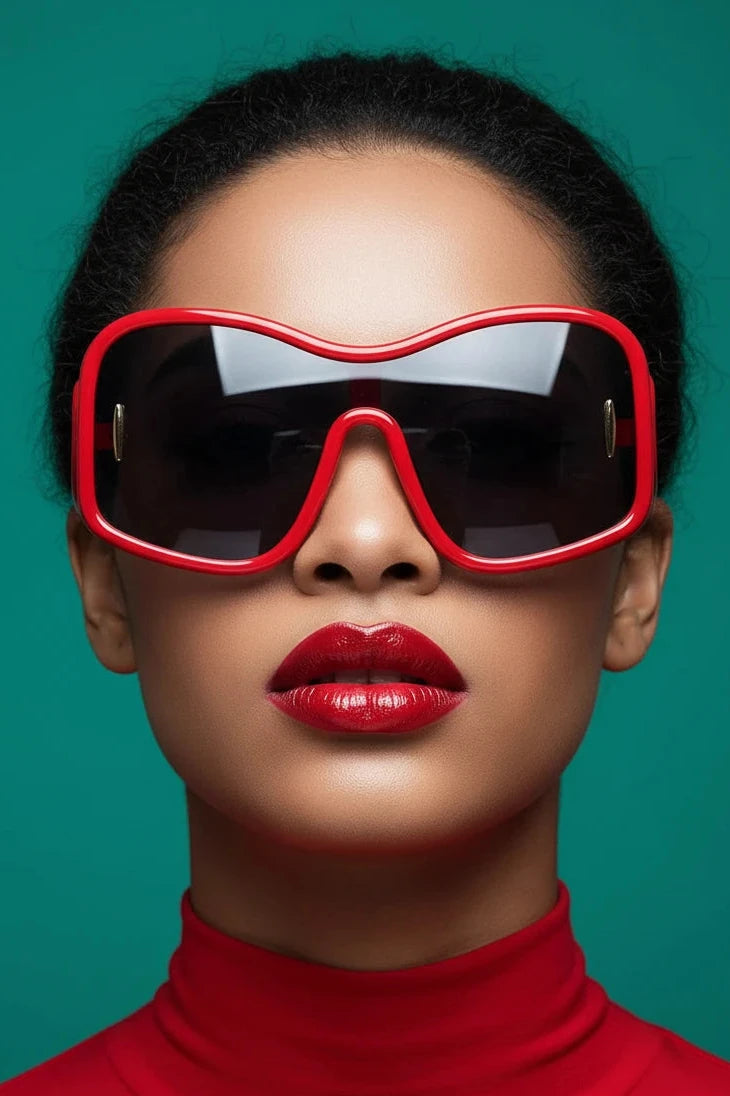 Model wearing oversized red shield sunglasses with dark lenses