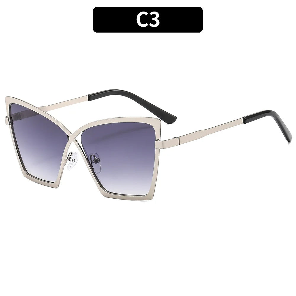Silver metal cat eye sunglasses with gradient gray lenses