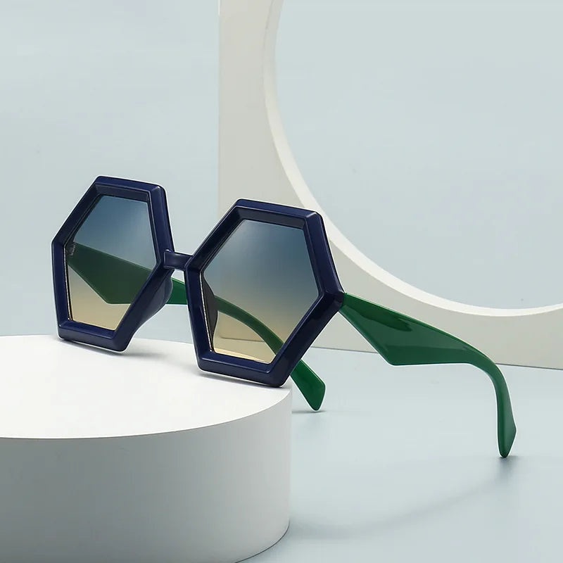 Blue and green hexagon sunglasses with gradient lenses