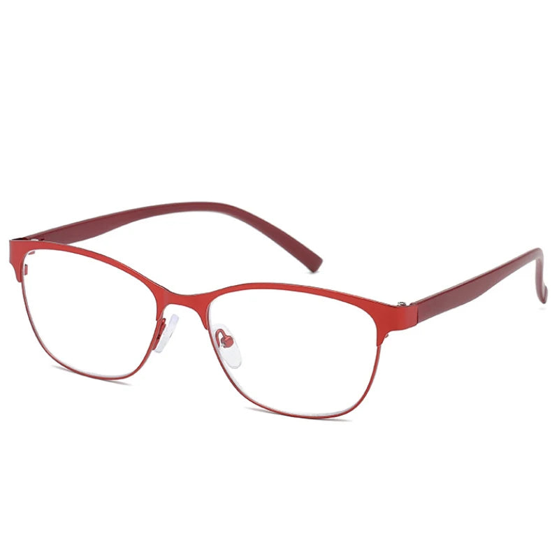 Red metal frame reading glasses on white background