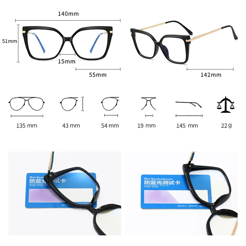 Dimensions and technical diagrams for TR90 blue light glasses