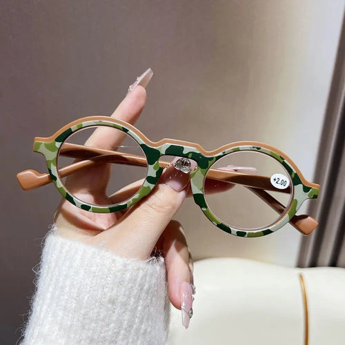 Chinese Style Camouflage Military Green Reading Glasses Men Women Artistic Retro Round Frame Spring Leg Prescription Glass