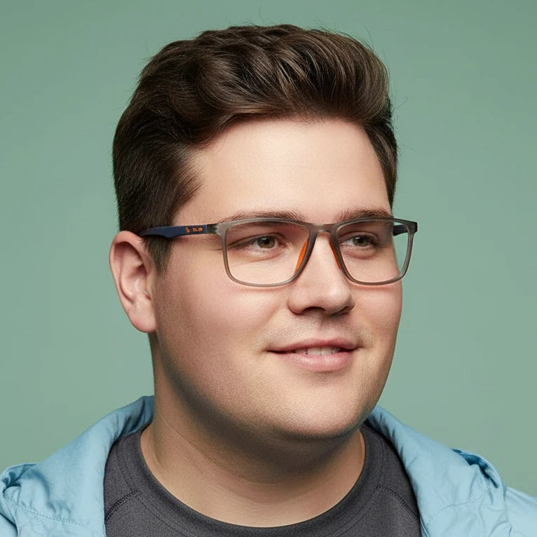 Man wearing stylish TR90 blue light reading glasses with orange accents