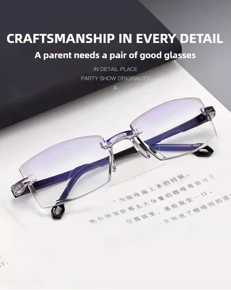 Rimless bifocal glasses on book, emphasizing craftsmanship and lens coating