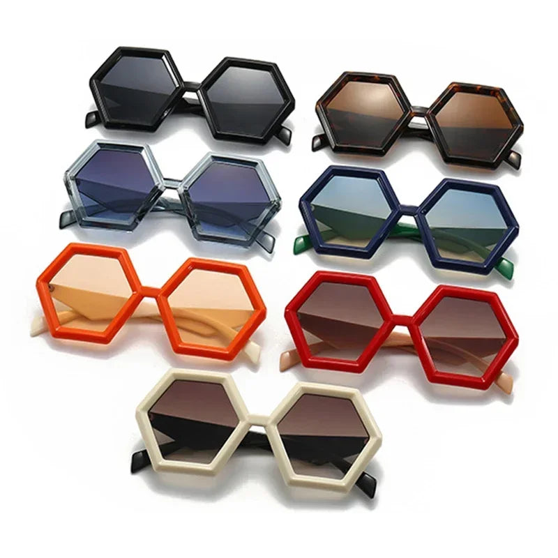 Assorted hexagon sunglasses in multiple colors and lenses