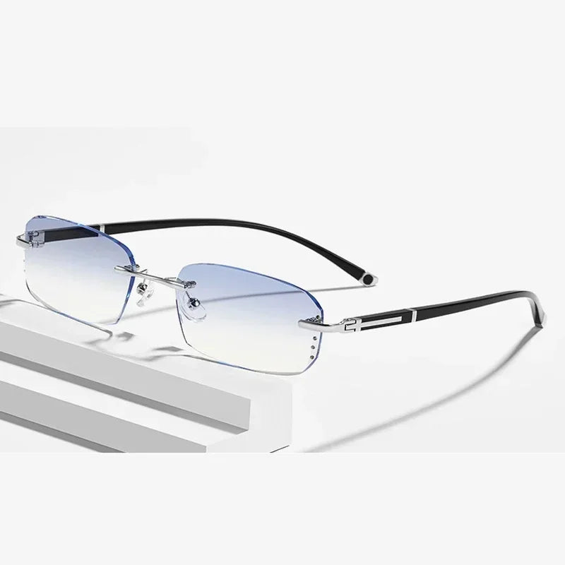 Minimalist blue light glasses displayed on a white stand