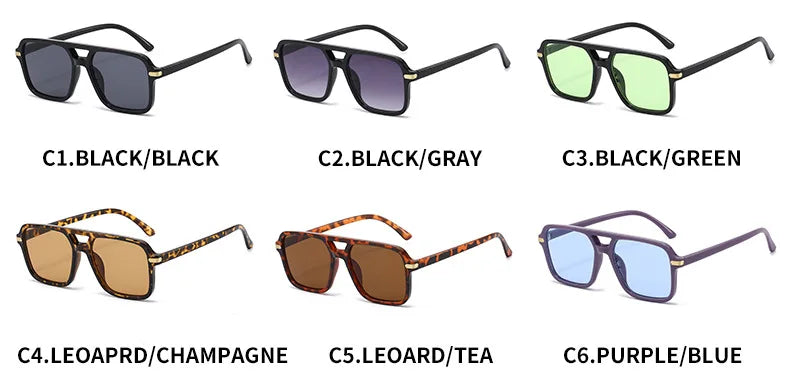 Six sunglass variations labeled with color and lens combinations