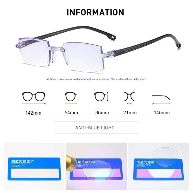 Product sizing chart and blue light blocking test with reading glasses