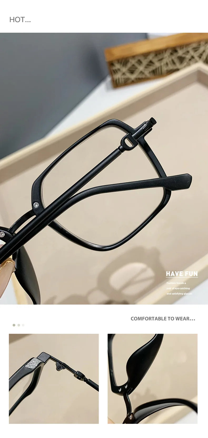 Detailed view of black square reading glasses with comfortable temple design