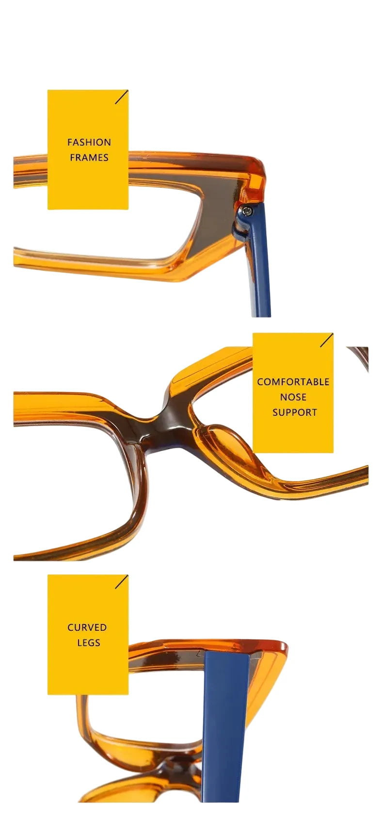 Close-up of glasses showing fashion frames, nose support, and curved legs