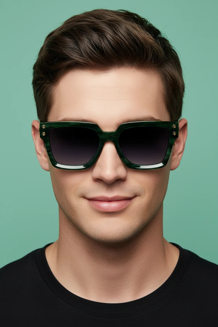 Man wearing green designer square sunglasses