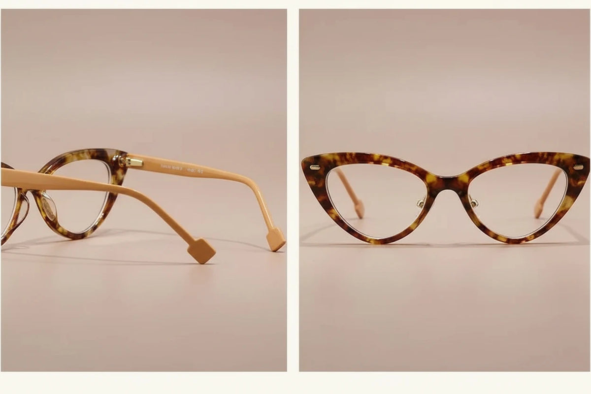Side and front view of tan-brown marble cat eye reading glasses