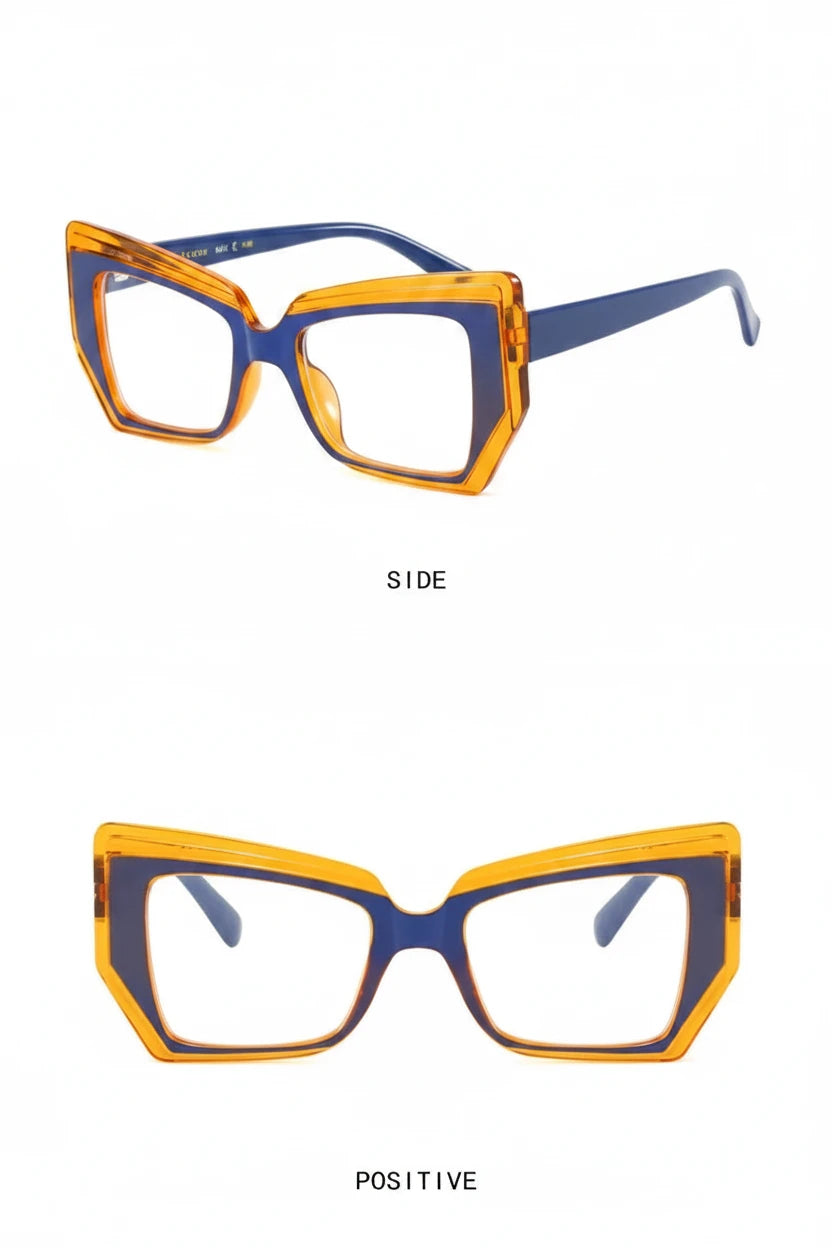 Side and front view of geometric blue orange glasses