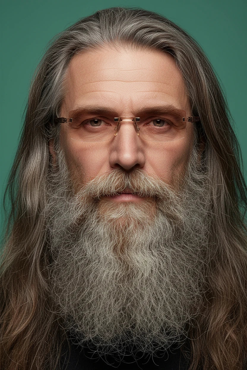 Man wearing rimless bifocal reading glasses with clear lenses and long gray hair
