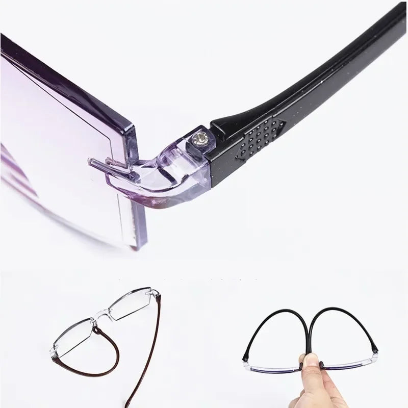 Close-up on frame and arms of bifocal reading glasses, demonstrating flexibility and grip
