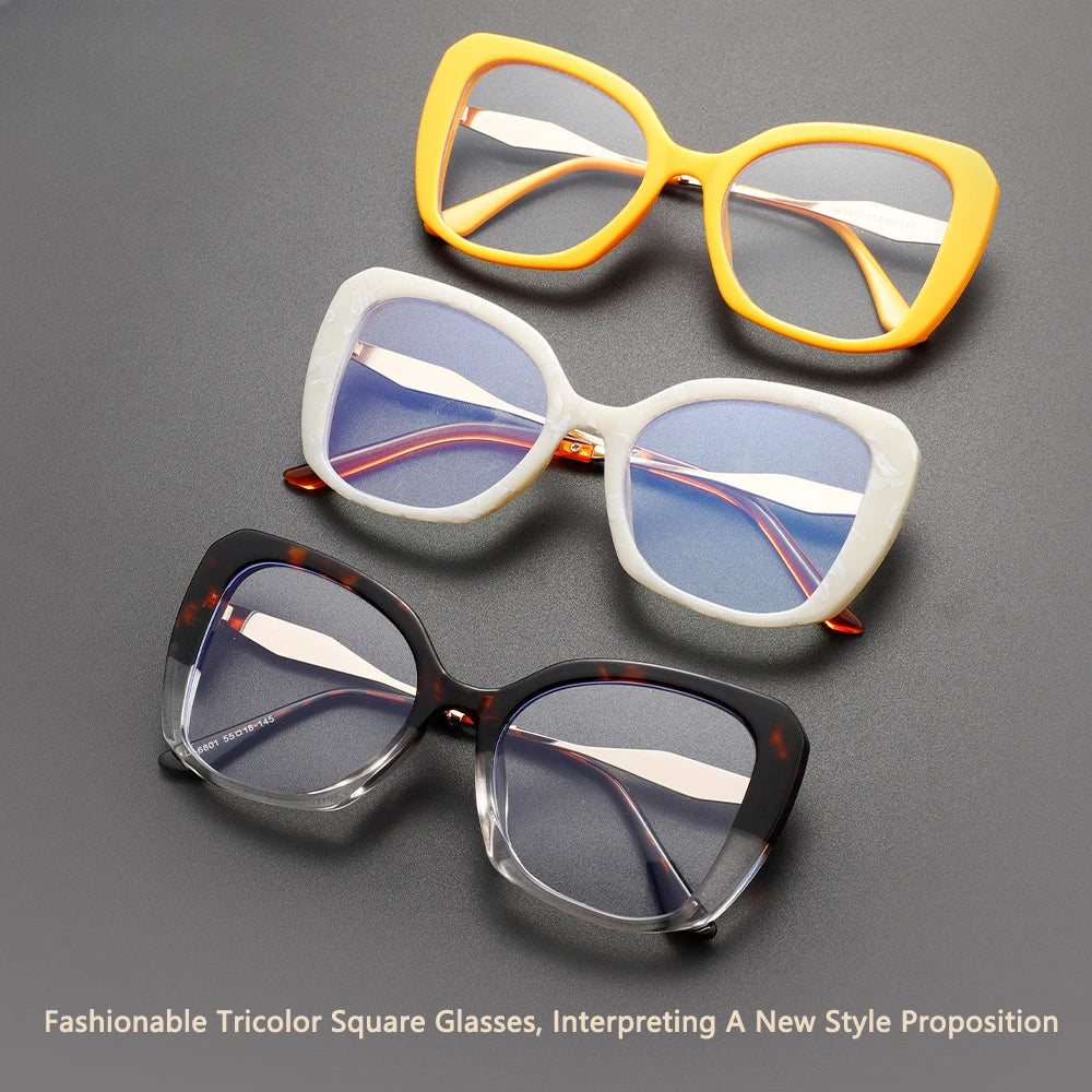Three pairs of designer square glasses in yellow, marbled white, and tortoiseshell-black