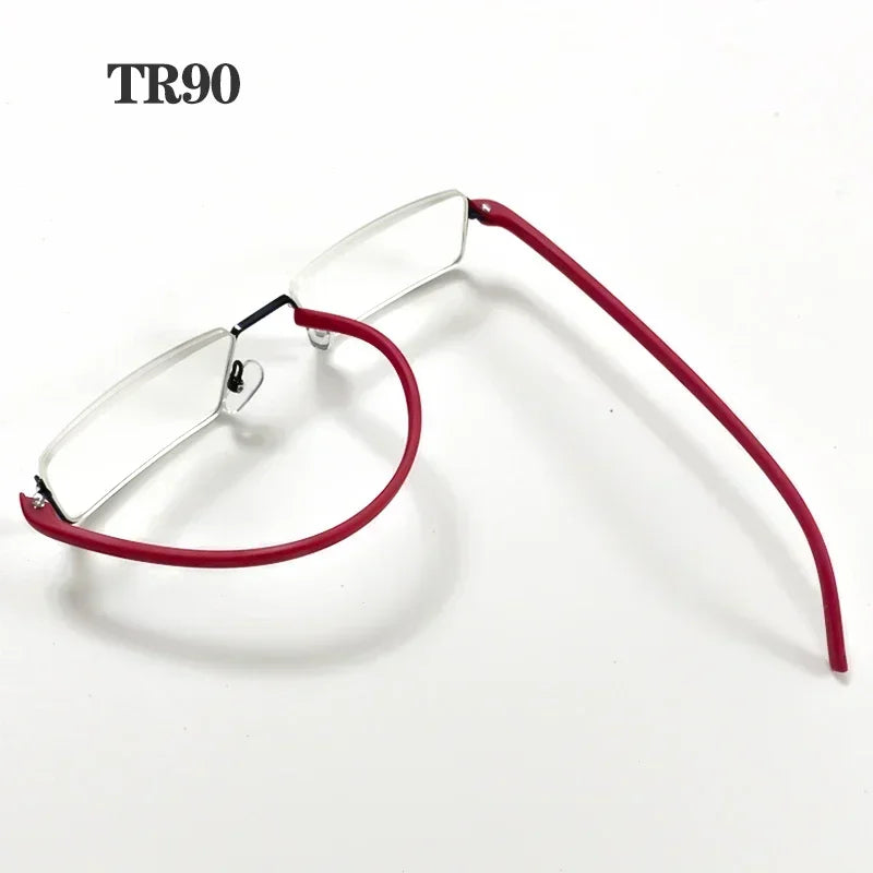 Top view of TR90 reading glasses in red with flexible arms on white background