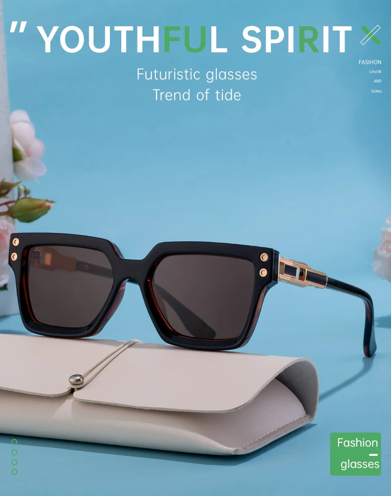 Black designer square sunglasses on case with blue background