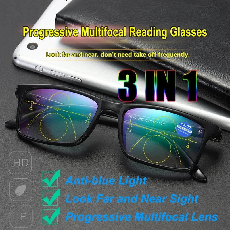Progressive multifocal reading glasses highlighting 3 in 1 features