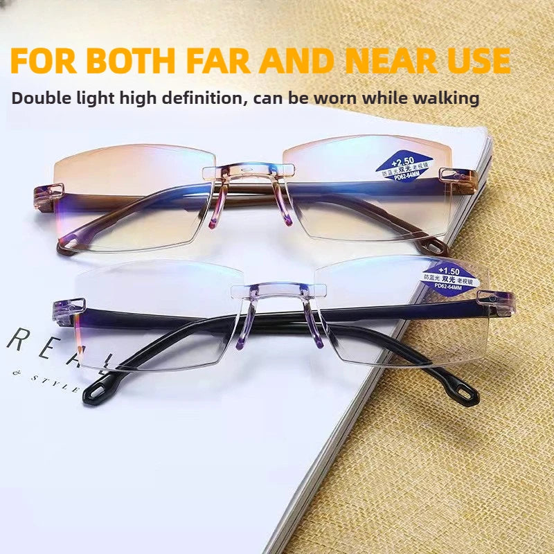 Two rimless bifocal glasses in black and brown on a book, highlighting near and far use