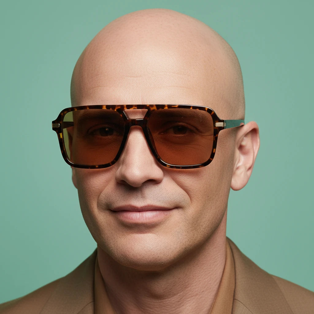 Man wearing tortoise-shell square sunglasses with brown lenses