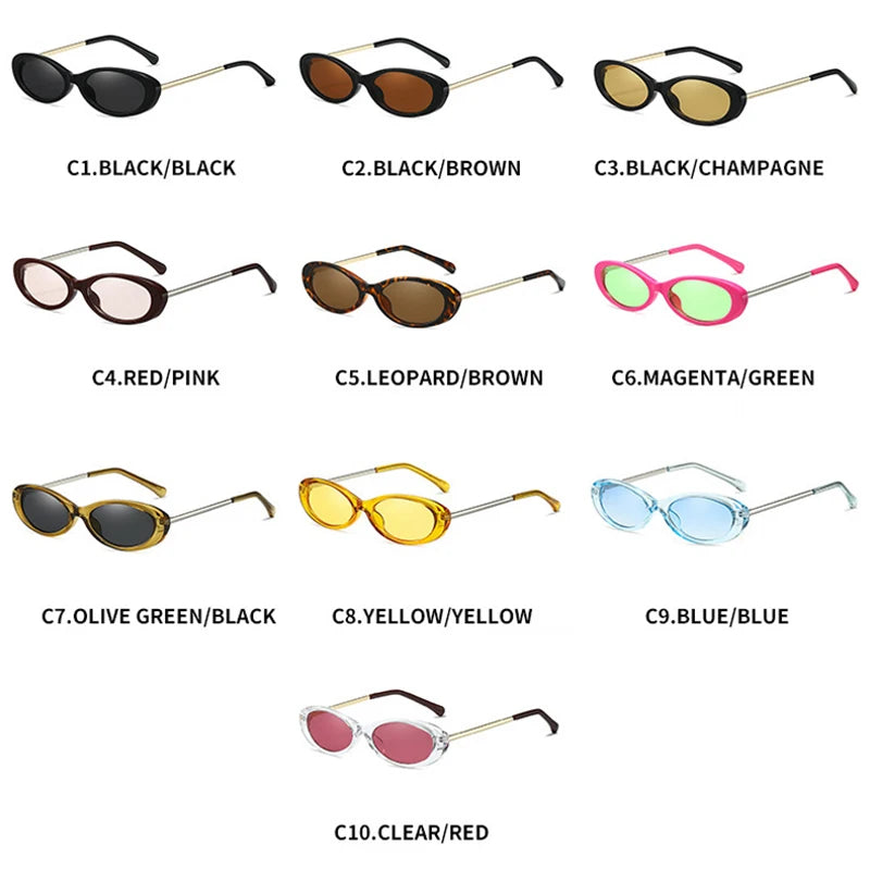 Ten oval sunglasses with different color combinations on white background