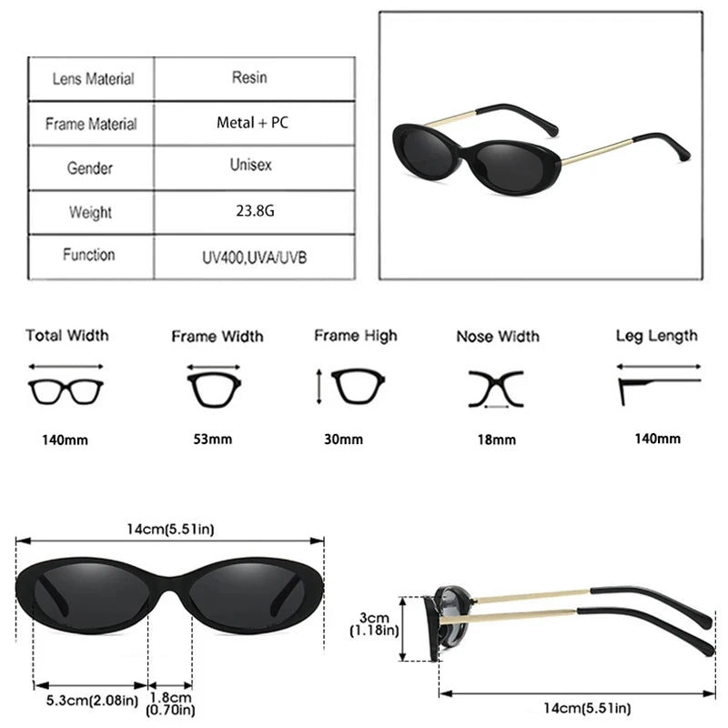 Product information sheet for oval sunglasses with measurements and materials