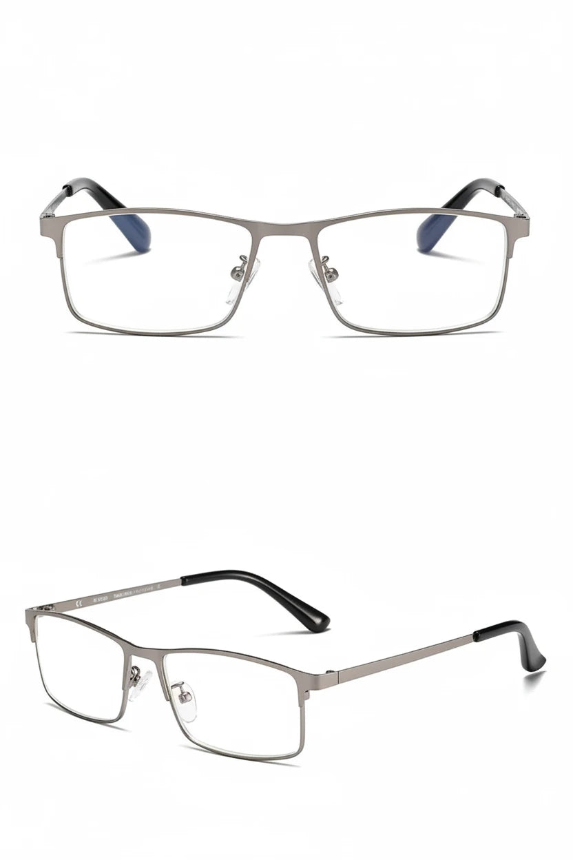 Front and three-quarter views of stainless steel blue light reading glasses