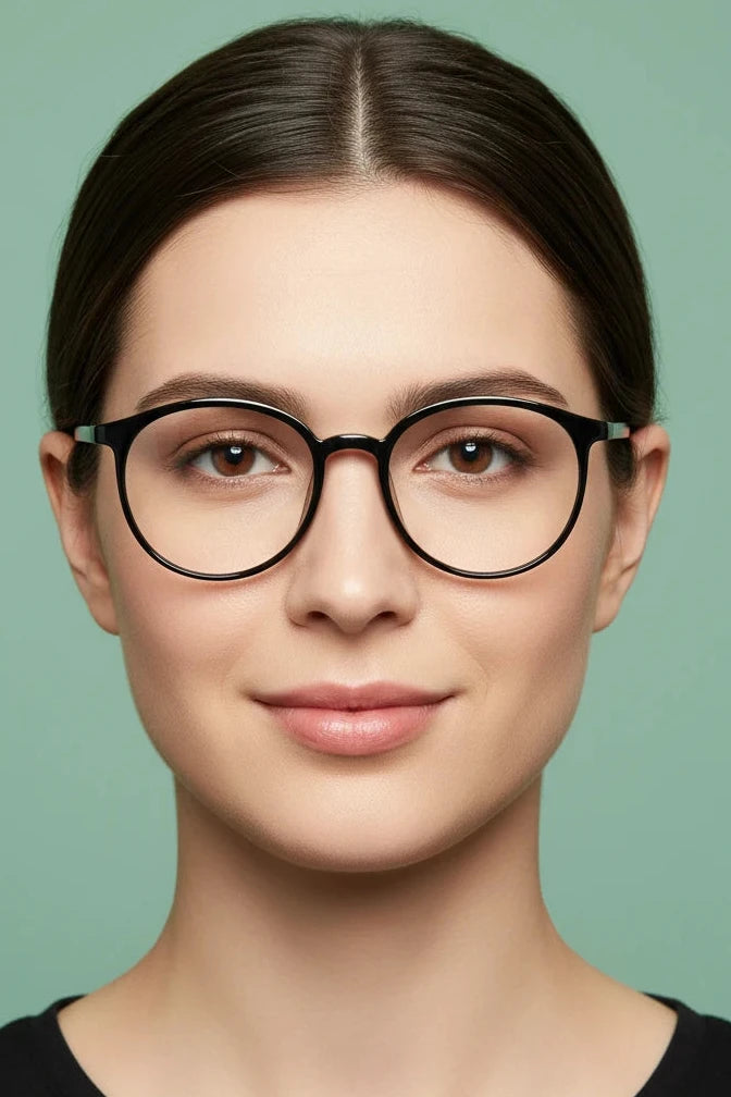 Woman wearing round black designer reading glasses
