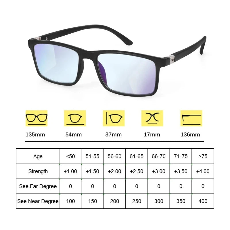 Black progressive reading glasses with detailed size chart and measurements