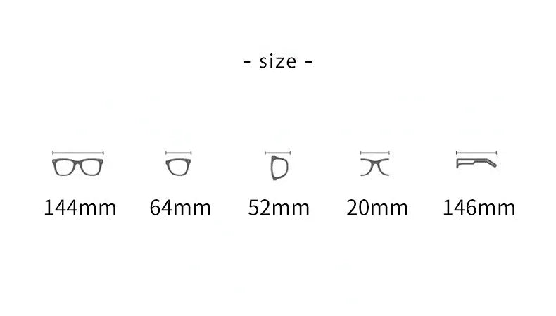 Size chart for reading glasses with detailed measurements
