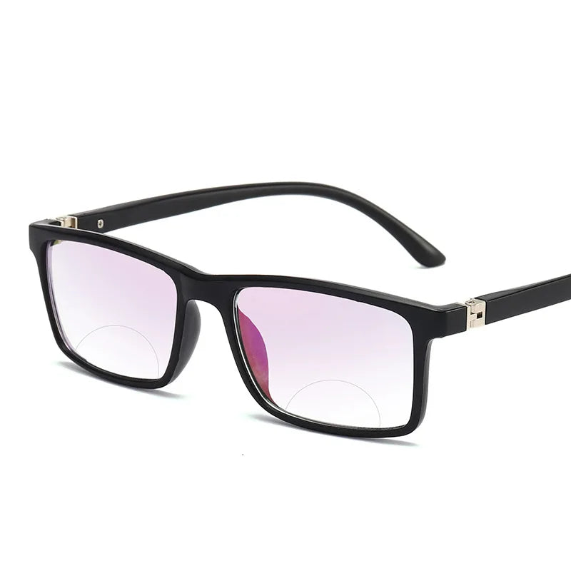 Angled view of black progressive reading glasses showing lens and hinge