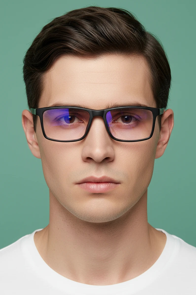 Model wearing black progressive reading glasses with slight blue tint