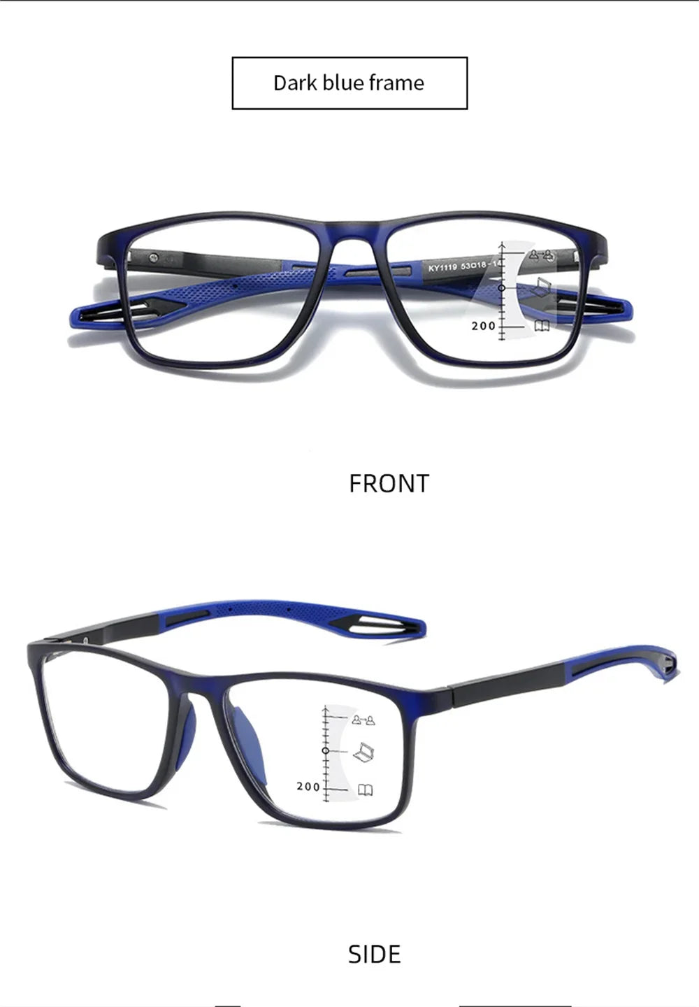 Dark blue frame TR90 progressive multifocal glasses front and side views