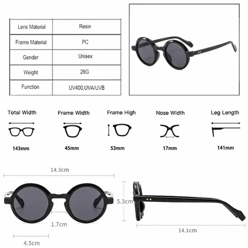 Product technical specifications for round retro sunglasses, including measurements