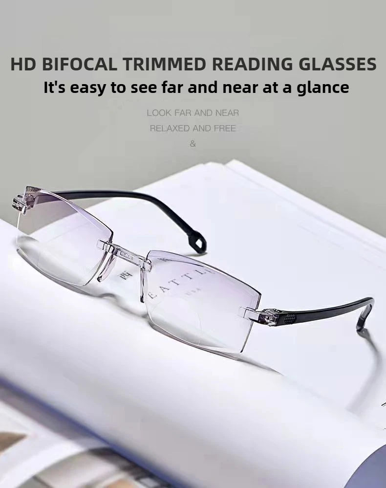 Rimless HD bifocal reading glasses on a white open book, showcasing lens clarity