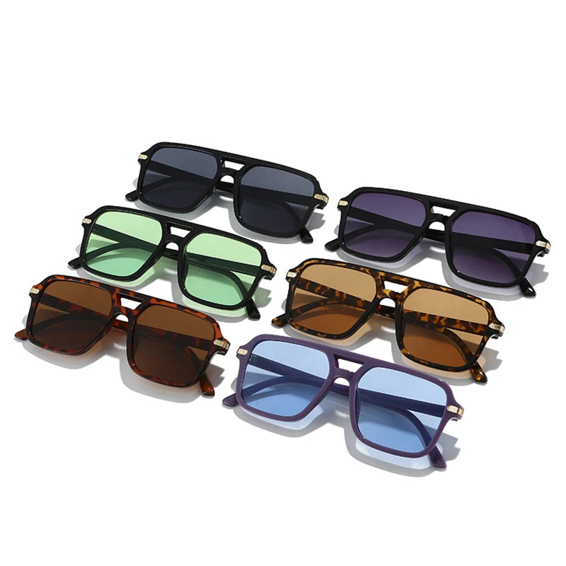Assorted square sunglasses in black, leopard, and purple frames with varied lens colors