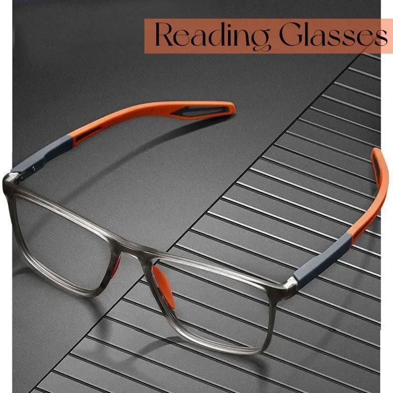 Gray and orange TR90 reading glasses with modern flexible arms