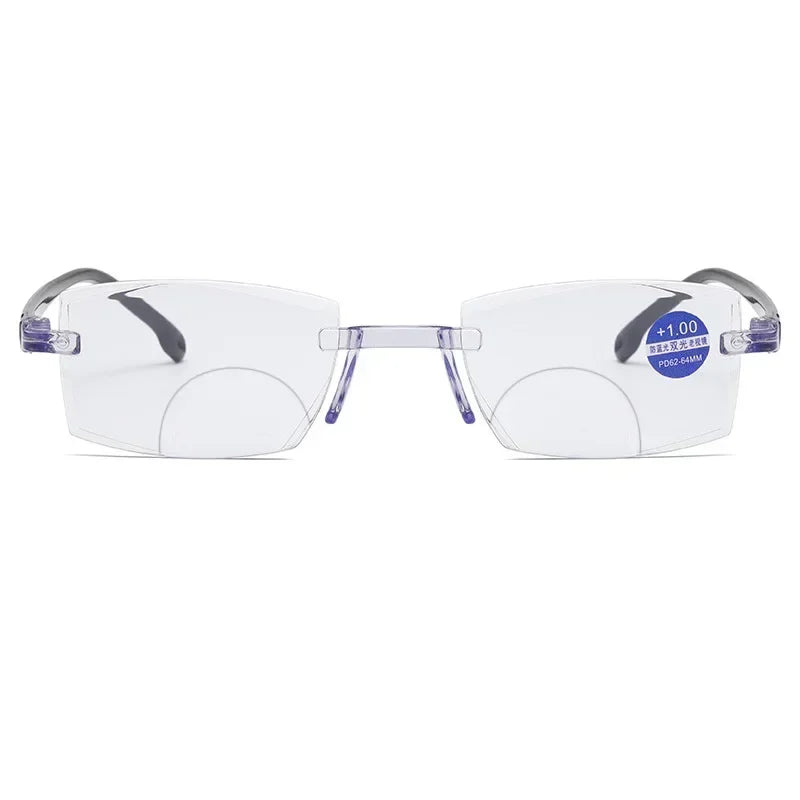 Front view of rimless blue light blocking bifocal reading glasses