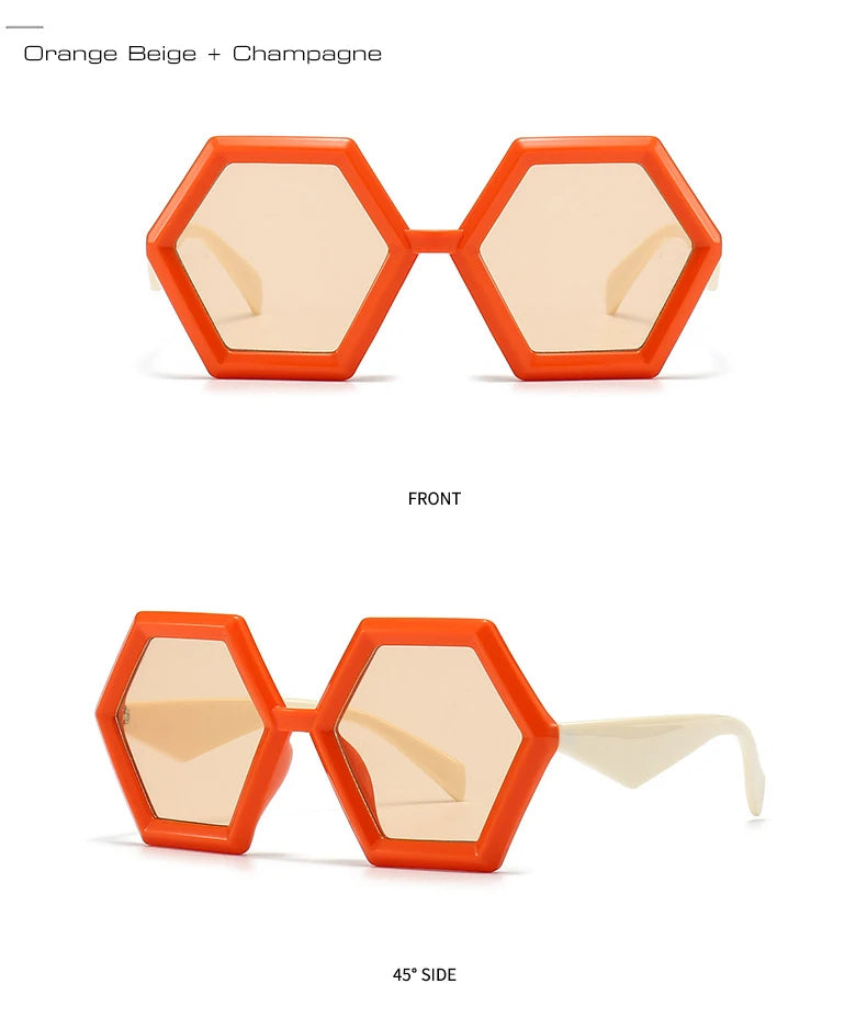 Orange beige champagne hexagon sunglasses shown from front and side
